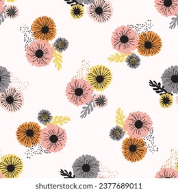 Midcentury modern floral vector endless vector pattern. Organic summer gender neutral 70s matisse wallpaper. 