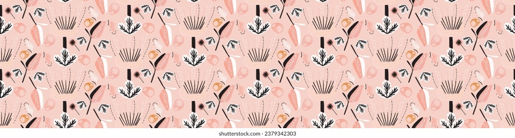 Midcentury modern floral vector endless vector border. Organic summer gender neutral 70s matisse banner.