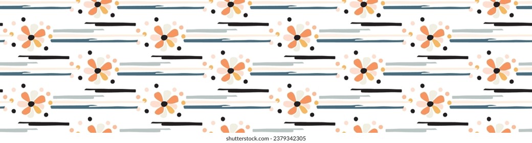 Midcentury modern floral vector endless vector border. Organic summer gender neutral 70s matisse banner.