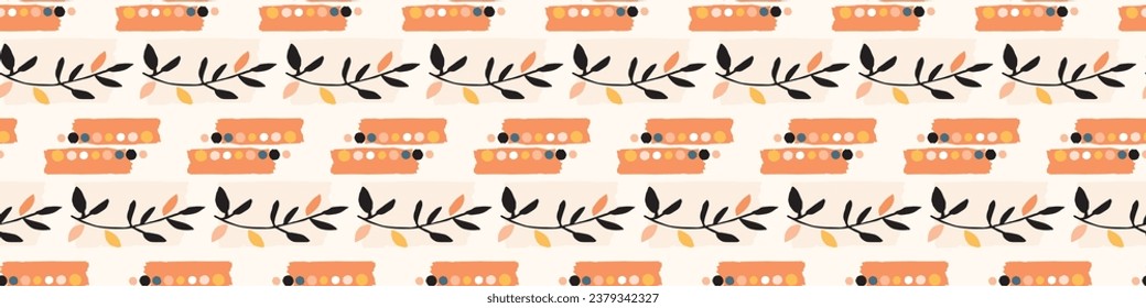 Midcentury modern floral vector endless vector border. Organic summer gender neutral 70s matisse banner.