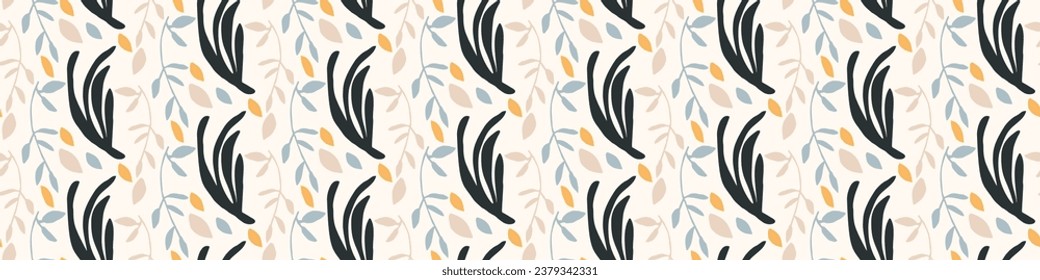Midcentury modern floral vector endless vector border. Organic summer gender neutral 70s matisse banner.