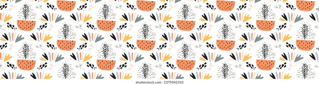 Midcentury modern floral vector endless vector border. Organic summer gender neutral 70s matisse banner.