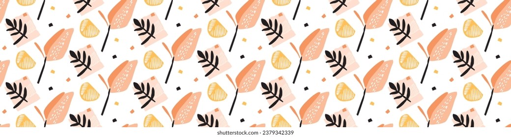 Midcentury modern floral vector endless vector border. Organic summer gender neutral 70s matisse banner.