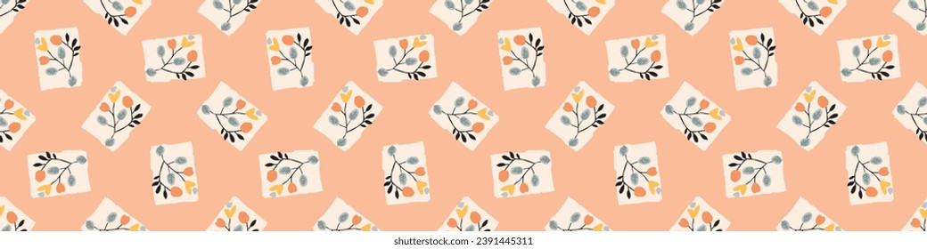 Midcentury modern floral vector endless vector border. Organic summer gender neutral 70s matisse banner.