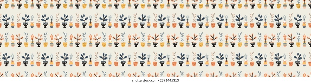 Midcentury modern floral vector endless vector border. Organic summer gender neutral 70s matisse banner.