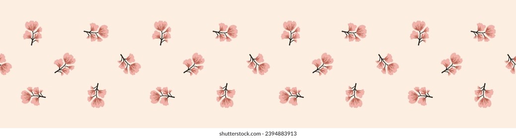 Midcentury modern floral vector endless vector border. Organic summer gender neutral 70s matisse banner.
