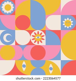 Moderne geometrische 60er- und 70er-Jahre-Vektorgrafik im Mittelalter nahtlos. Geprüfter Retro-minimalistischer Textil- oder Stoffdruck mit Blumen. Vintage-Vektorhintergrund, einfaches abstraktes Poster