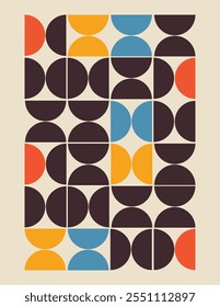 Mid-century modern geometric abstract pattern with bold, simple shapes and a vibrant yet harmonious color palette, exuding retro elegance.