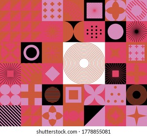 Mid-century modern geometric seamless pattern with bold simple shapes in Bauhaus and Neo-memphis retrofuturistic style. Trendy vivid fashion print.