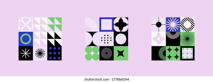 Mid-century modern geometric seamless pattern with bold simple shapes in Bauhaus and Neo-memphis retrofuturistic style. Trendy vivid fashion print.