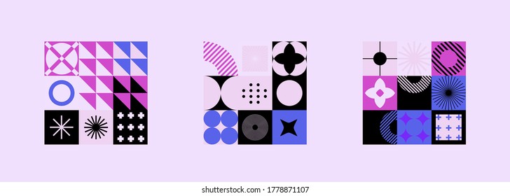 Mid-century modern geometric seamless pattern with bold simple shapes in Bauhaus and Neo-memphis retrofuturistic style. Trendy vivid fashion print.