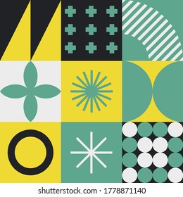 Mid-century modern geometric seamless pattern with bold simple shapes in Bauhaus and Neo-memphis retrofuturistic style. Trendy vivid fashion print.
