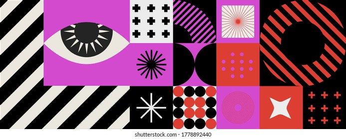 Mid-century modern geometric seamless pattern with bold simple shapes in Bauhaus and Neo-memphis retrofuturistic style. Trendy vivid fashion print.