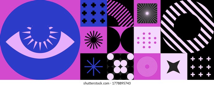 Patrón geométrico moderno y fluido de mediados de siglo con formas audaces y simples en Bauhaus y Neo-memphis de estilo retrofuturista. Impresiones de moda vívidas.