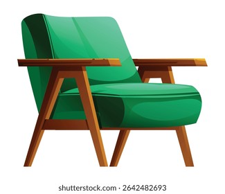 Mid-century modern green armchair with wooden frame, perfect for a stylish living room. Vector cartoon illustration