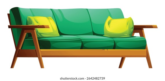 Mid-century modern green sofa with wooden frame and two pillows, ideal for a stylish home. Vector cartoon illustration