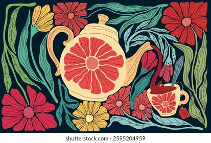 Mid-century modern illustration, teapot and flowers, nostalgia, old school, hand drawn, wall print	