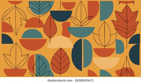 Mid-century modern inspired abstract autumn seamless pattern with geometric leaves, shapes, and textures in retro tones. Ideal for digital prints, fabrics, and trendy seasonal backgrounds.