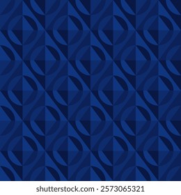 Mid-century modern inspired geometric pattern with interlocking circles and diamonds in shades of dark blue. Ideal for wallpapers, textiles, packaging, web backgrounds, or retro-themed design projects