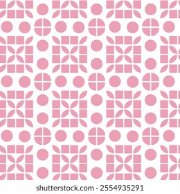 A mid-century modern inspired pattern featuring pink geometric shapes. The minimalist aesthetic evokes a sense of retro style and simplicity.