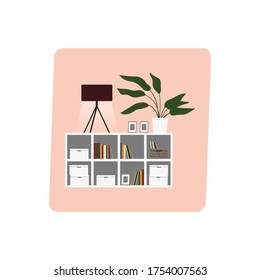 Interior moderno de mediados de siglo con biblioteca cúbica, ficus de planta interior y lámpara de estilo retro. F;en ilustración de dibujos animados. 