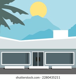 Mid-century modern minimalism flat design landscape with building and palm tree