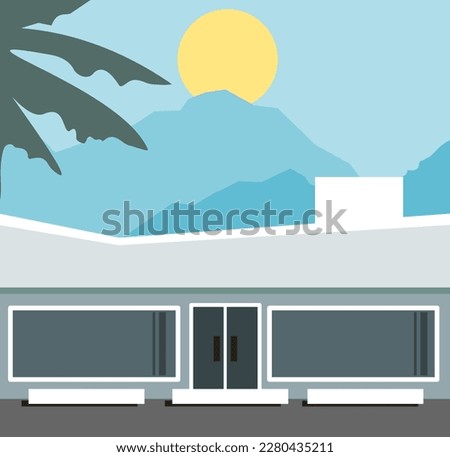 Mid-century modern minimalism flat design landscape with building and palm tree