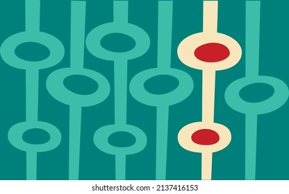 Mid-century Modern Pattern In The Style Of The Atomic Age Design Era, In Teal Green, Red And Off-white.