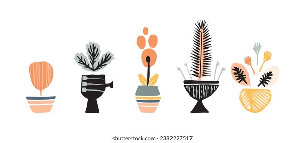 Midcentury modern potted floral houseplant vector graphic motif set. Organic summer gender neutral seventies matisse illustration collection in groovy playful style. 