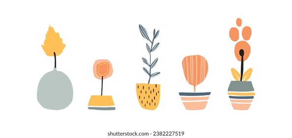 Midcentury modern potted floral houseplant vector graphic motif set. Organic summer gender neutral seventies matisse illustration collection in groovy playful style. 