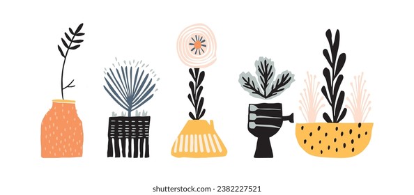 Midcentury modern potted floral houseplant vector graphic motif set. Organic summer gender neutral seventies matisse illustration collection in groovy playful style. 