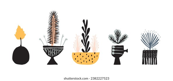 Midcentury modern potted floral houseplant vector graphic motif set. Organic summer gender neutral seventies matisse illustration collection in groovy playful style. 