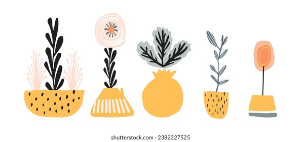 Midcentury modern potted floral houseplant vector graphic motif set. Organic summer gender neutral seventies matisse illustration collection in groovy playful style. 