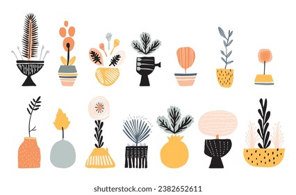 Midcentury modern potted floral houseplant vector graphic motif set. Organic summer gender neutral seventies matisse illustration collection in groovy playful style. 