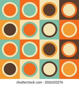 Mid-century modern seamless pattern, geometric shapes in retro colors. Abstract repeating geometry background. 60s 70s vector illustration