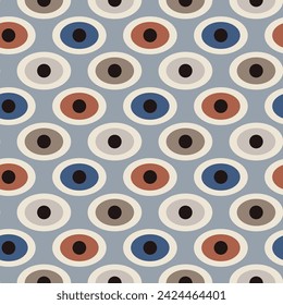Mid-century modern seamless pattern, simple minimal geometric oval shapes in retro colors, Abstract repeating geometry background, 60s 70s vector illustration, Perfect for home decor fabrics