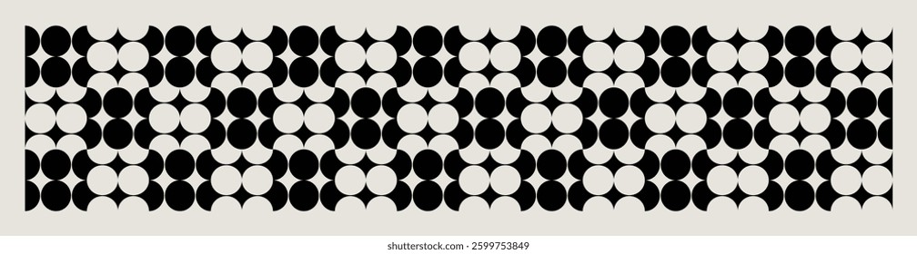 Midcentury modern style circle pattern in black and white shades.  Graphical illustration for a unique wall decor, textiles and interior design. 