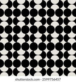 Midcentury modern style circle pattern in black and white shades.  Graphical illustration for a unique wall decor, textiles and interior design. 