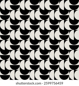 Midcentury modern style circle pattern in black and white shades.  Graphical illustration for a unique wall decor, textiles and interior design. 