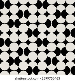 Midcentury modern style circle pattern in black and white shades.  Graphical illustration for a unique wall decor, textiles and interior design. 