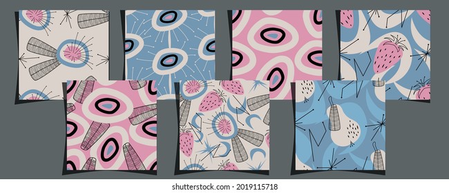 Mid-Century Modern style design seamless pattern. A set of patterns with abstraction and fruit in a retro vintage style.