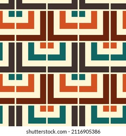 	
Mid-century modern style seamless pattern. 1960s vector wallpaper design. Colorful repeating background. Groovy geometric illustration.