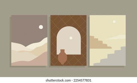 Mid-Century Modern Wall Art Set with Landscape, Hills, Arch, Pot, Stairs.The pieces are perfect for decorating modern living spaces and offices.