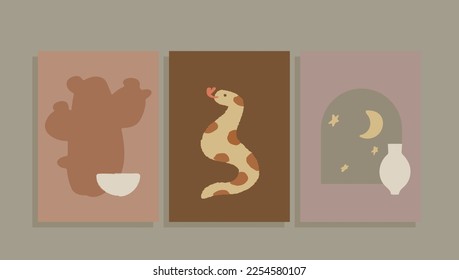 Mid-Century Modern Wall Art Set . A  Cactus, Snake, Arch, Pitcher and Crescent Moon are depicted in bold, graphic shapes and a limited color palette. 
