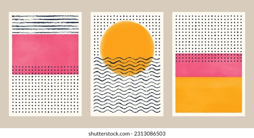 Conjunto de arte mural moderno de mediados del siglo. Arte abstracto decorativo contemporáneo para interiores. Ilustración del vector de textura gruesa. Imprimir el recurso gráfico mínimo del afiche. Dot de patrón orgánico y líneas onduladas