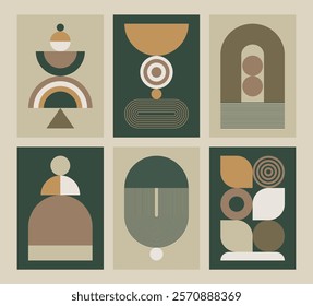 Mid-Century Modern wall art set. Vector elements with Boho aesthetic. Contemporary art for home decor. Minimalist compositions with simple and geometric shapes. Meditative retro illustrations.