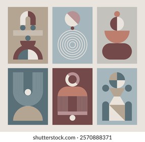 Mid-Century Modern wall art set. Vector elements with Boho aesthetic. Contemporary art for home decor. Minimalist compositions with simple and geometric shapes. Meditative retro illustrations.