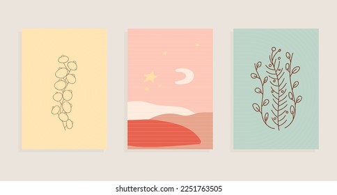 mid-century modern wallpaper set with hills landscape, crescent, flowers