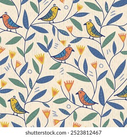 Midcentury repeat pattern with burlap texture of birds sitting on wavy branches with leaves and flowers. Stylized coloful vintage botanical background.