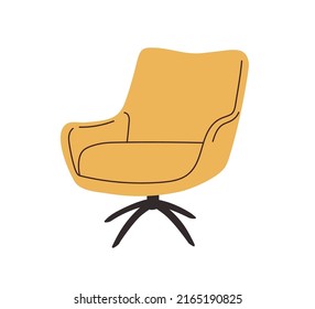 Mid-century retro rotating armchair design with soft seat, back and armrest. Upholstered arm chair with wood leg. Trendy lounge furniture. Colored flat vector illustration isolated on white background